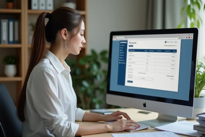 Femme accédant à l'espace salarié Cooperl depuis son bureau à domicile pour gérer ses services RH en ligne