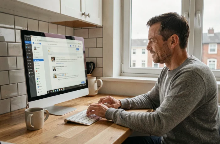 Homme accédant à son webmail Toulouse depuis un ordinateur de bureau à domicile