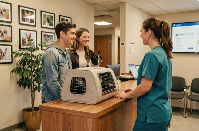 Couple de propriétaires d'animaux accueillis à la réception d'une clinique vétérinaire avec leur bouledogue français