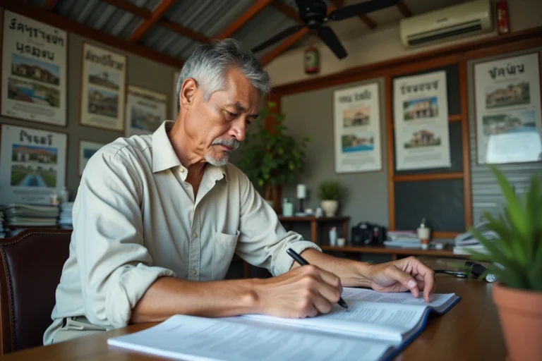 Un homme occidental examine des documents immobiliers dans une agence thaïlandaise pour acheter une maison en Thaïlande à petit budget