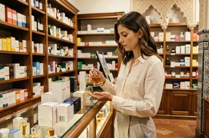Femme examinant un flacon de parfum dans une pharmacie espagnole traditionnelle aux carreaux de céramique