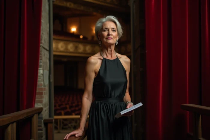 Femme actrice française en coulisses d'un théâtre classique parisien tenant un script, portrait évoquant la carrière et la biographie de Michèle Laroque