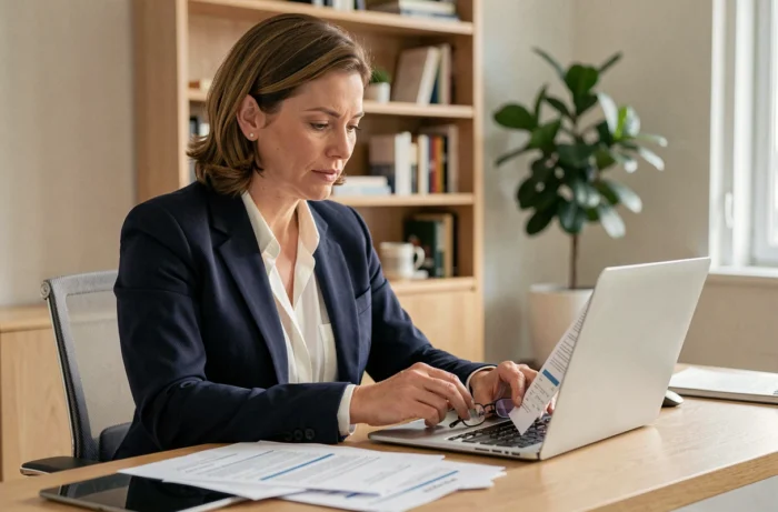 Femme entrepreneur gérant l'administration bancaire de son entreprise en ligne depuis son bureau à domicile