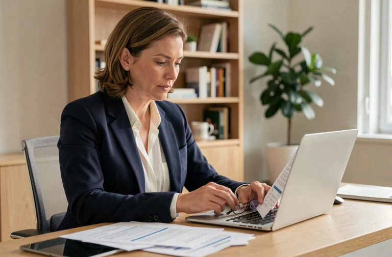 Femme entrepreneur gérant l'administration bancaire de son entreprise en ligne depuis son bureau à domicile