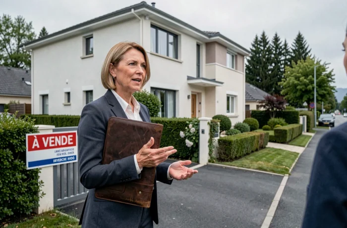 Agent immobilière présentant une maison à vendre à un acheteur potentiel devant la façade d'une propriété