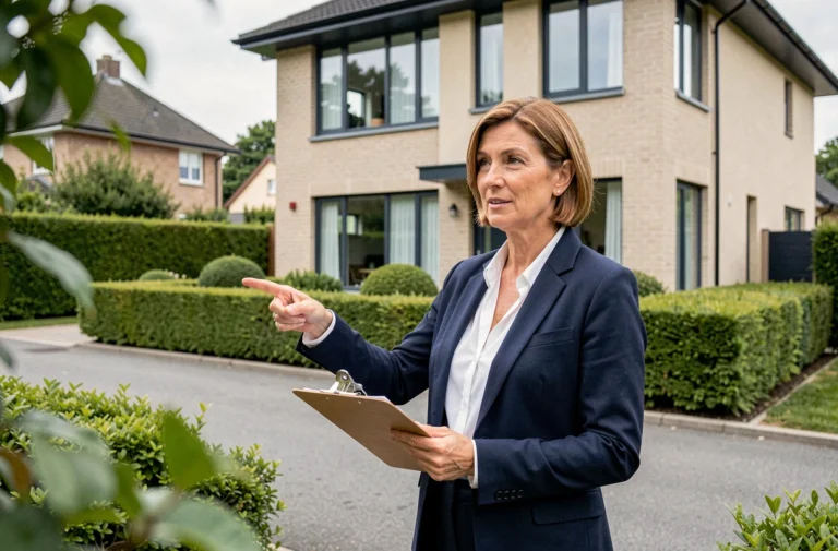 Agent immobilier professionnelle présentant une maison moderne à un acheteur potentiel dans un quartier résidentiel