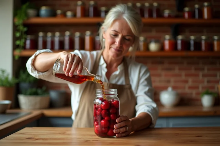 Femme versant de l'alcool pour fruits dans un bocal de cerises et prunes dans une cuisine rustique