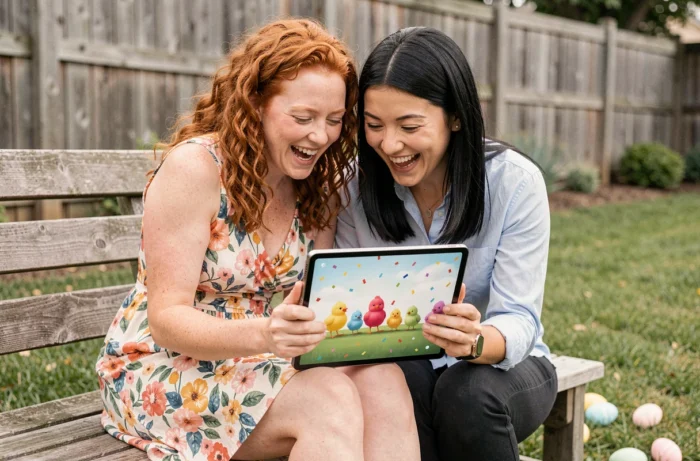 Deux femmes riant ensemble en regardant un gif animé Pâques sur une tablette dans un jardin décoré pour les fêtes