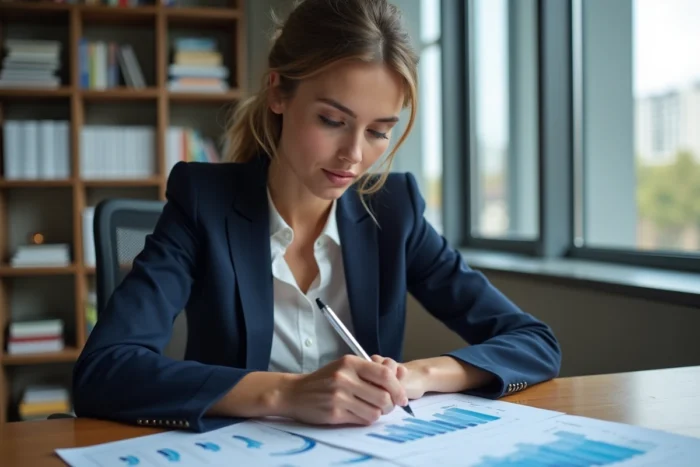 Femme analyste en blazer marine examinant des tableaux de fixation des prix sur un bureau en bois dans un bureau moderne