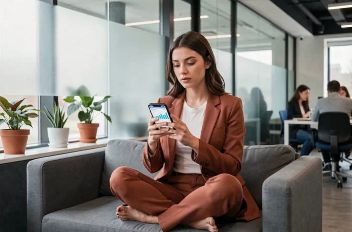 Jeune femme analysant les performances de sa boutique en ligne sur smartphone dans un espace de coworking moderne