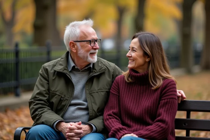 Un couple assis sur un banc dans un jardin parisien en automne, évoquant la vie de couple et la famille d'Anthony Bellanger dans un cadre urbain chaleureux