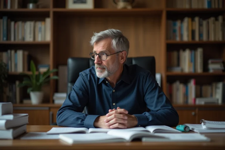 Portrait d'un journaliste et éditorialiste dans son bureau éditorial, entouré de livres et de journaux, symbolisant la carrière d'Anthony Bellanger