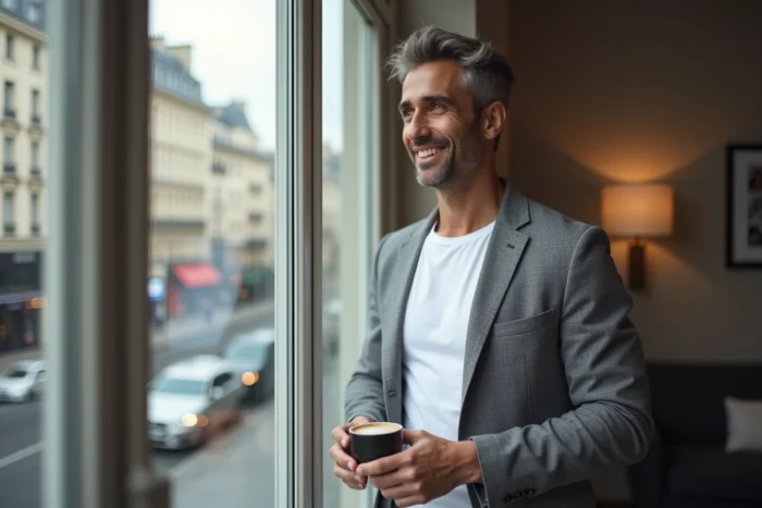 Journaliste français en blazer gris dans un appartement parisien avec vue sur l'architecture haussmannienne, illustrant la vie privée et le quotidien d'Anthony Bellanger
