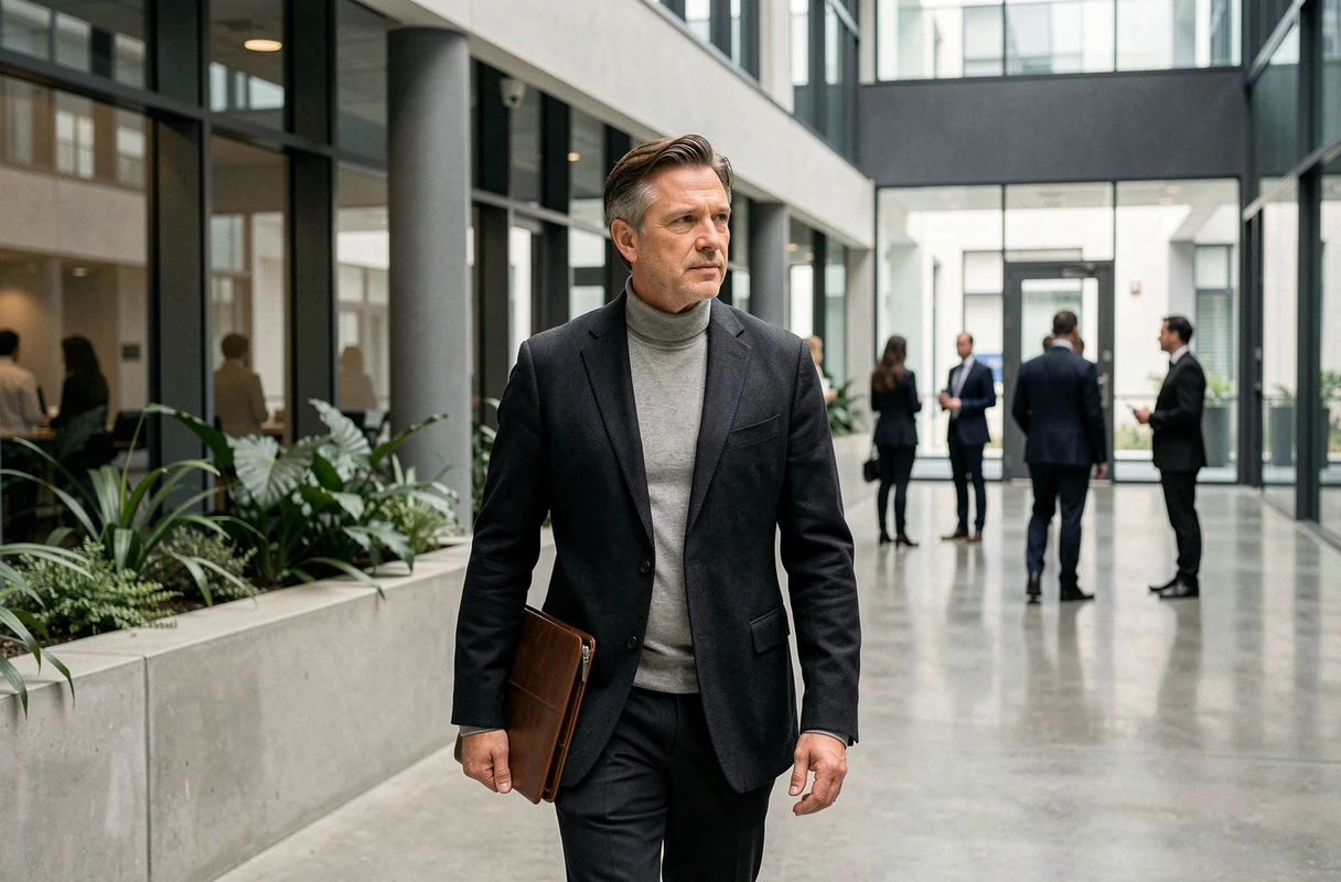 Leader de l'industrie cosmétique traversant l'atrium lumineux d'un siège social moderne, portrait environnemental d'un dirigeant en mouvement