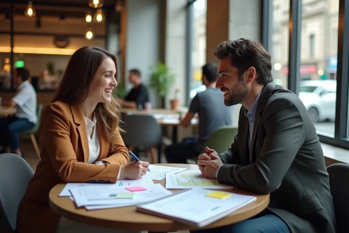 Deux associés collaborant sur un guide étape par étape pour structurer et organiser leur business dans un café