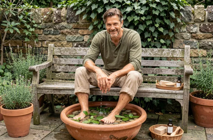 Homme se trempant les pieds dans un bain aux plantes médicinales et menthe fraîche dans un jardin rustique en terrasse