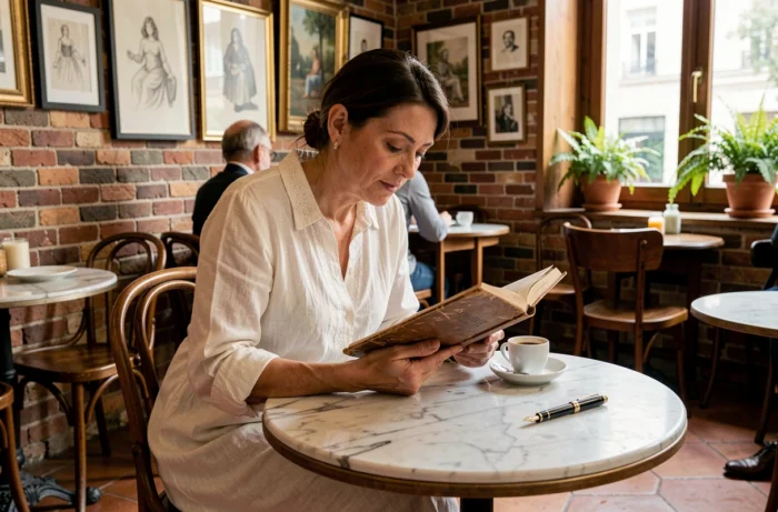 Béatrice Grimm lisant dans un café atelier parisien, assise à une table en marbre, entourée d'œuvres d'art, incarnant la femme de lettres et muse inspirante