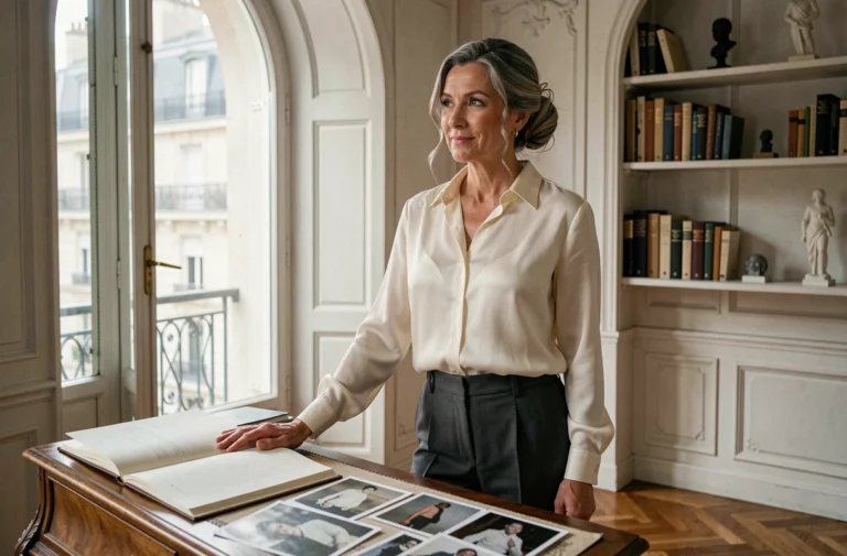 Portrait élégant de Béatrice Grimm, femme cultivée et raffinée, dans un appartement parisien haussmannien avec bureau antique et livres d'art