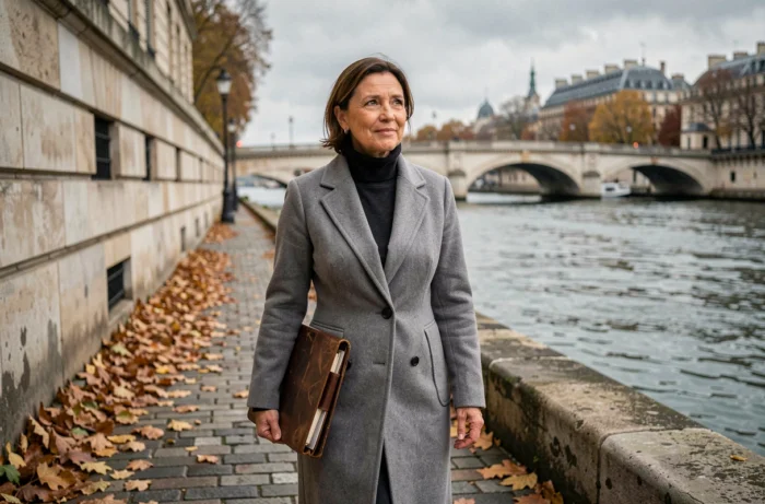 Béatrice Grimm, muse et personnalité d'exception, se promenant pensively sur les quais de Seine à Paris en automne avec un portfolio en cuir