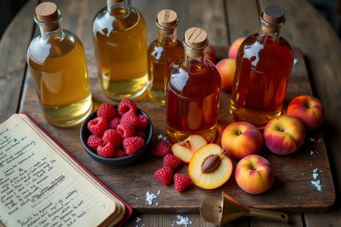 Bouteilles d'alcool pour fruits, fruits frais et carnet de recettes disposés sur une table en bois rustique