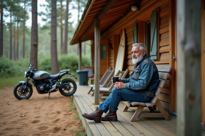 Bungalow en bois à louer dans les pins près de Montalivet avec motos garées devant, hébergement typique pour le Show Bike 2026
