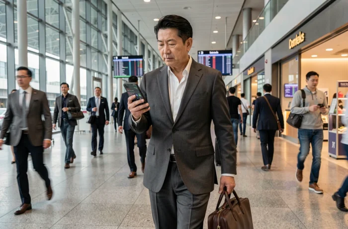 Cadre dirigeant consultant son smartphone dans un aéroport international symbolisant la mobilité économique mondiale