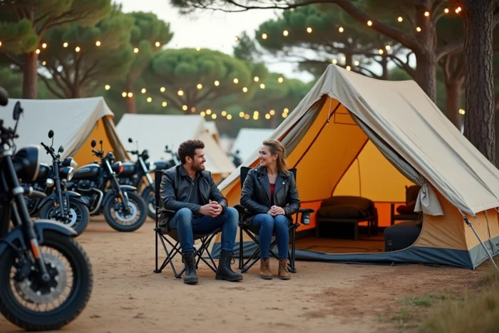 Couple de motards campant près de la plage à Montalivet pendant le Show Bike, avec tentes et motos garées sur un terrain de camping en bordure de forêt de pins