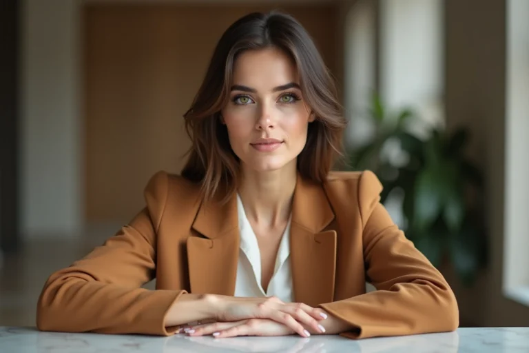 Femme aux yeux hazel envoûtants regardant l'objectif avec intensité, mise en valeur dans un portrait éditorial élégant