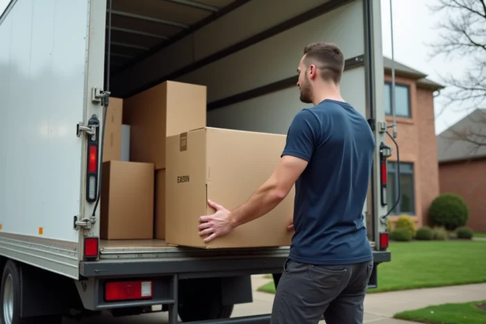 Homme chargeant des meubles en carton dans un camion de location blanc devant une maison pavillonnaire lors d'un déménagement