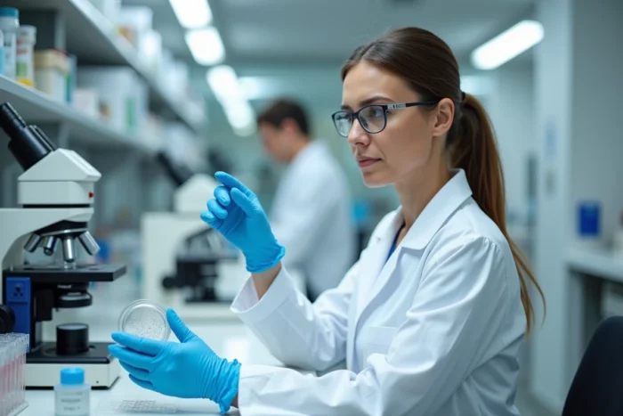 Chercheuse en blouse blanche examinant une boîte de Petri dans un laboratoire de recherche biomédicale de l'Inserm