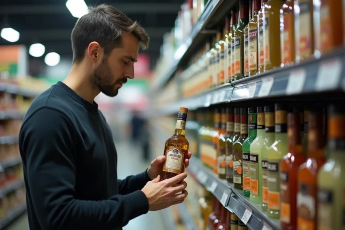 Homme choisissant une bouteille d'alcool pour fruits en rayon de supermarché Leclerc