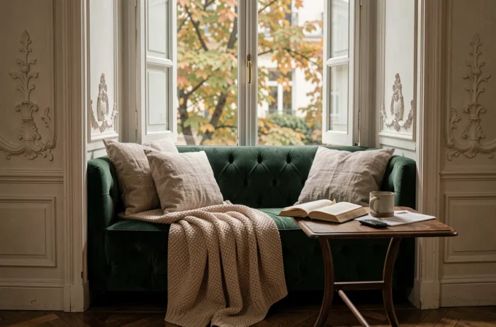 Coin lecture douillet avec banquette en velours vert, plaid en laine et fenêtre donnant sur une cour parisienne en automne