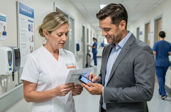 Pharmacienne et médecin collaborant sur une ordonnance numérique dans un couloir d'hôpital moderne