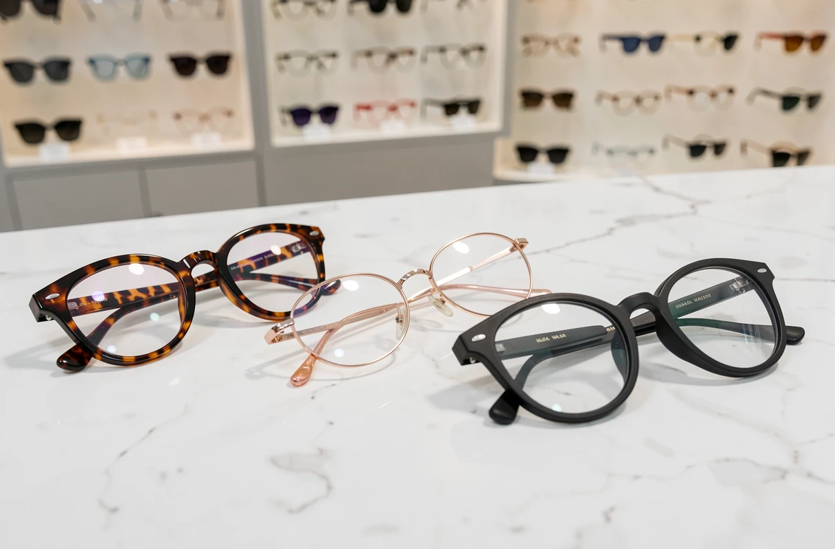 Trois paires de lunettes Afflelou exposées sur un comptoir en marbre blanc en opticien
