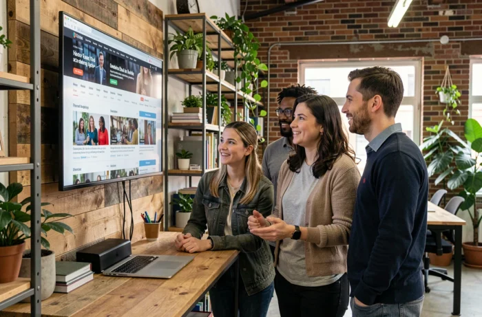 Groupe de collègues consultant ensemble les tendances et actualités du jour sur un écran dans un espace de coworking
