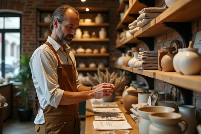 Commerçant ajustant des étiquettes de prix sur des produits artisanaux dans une boutique indépendante au décor chaleureux