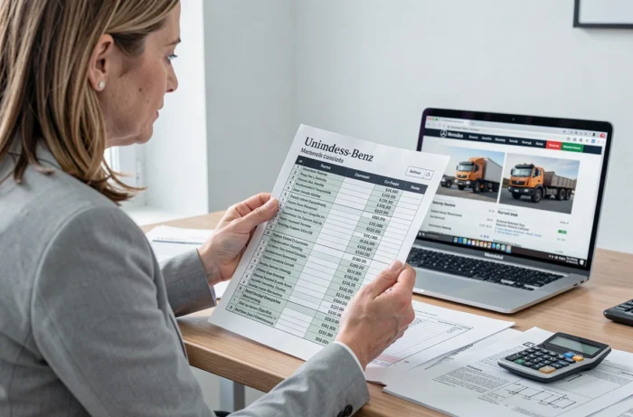 Professionnelle comparant les prix neuf des configurations Mercedes Unimog sur tableur dans un bureau moderne