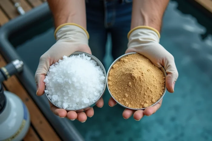 Comparaison entre le verre de filtration propre et le sable usé dans les mains d'un technicien piscine
