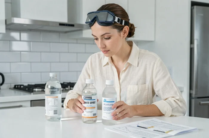 Femme comparant deux flacons de white spirit et d'acétone posés sur un plan de travail propre avec une fiche de sécurité dépliée