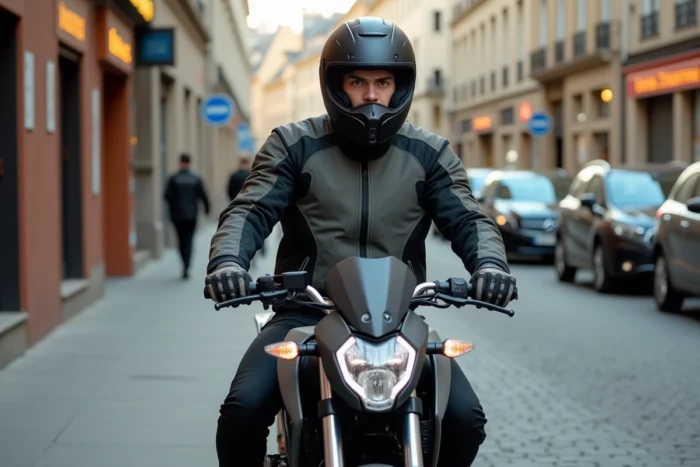 Jeune homme en équipement moto assis sur une 125cc dans une rue urbaine française