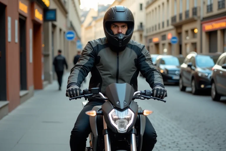 Jeune homme en équipement moto assis sur une 125cc dans une rue urbaine française
