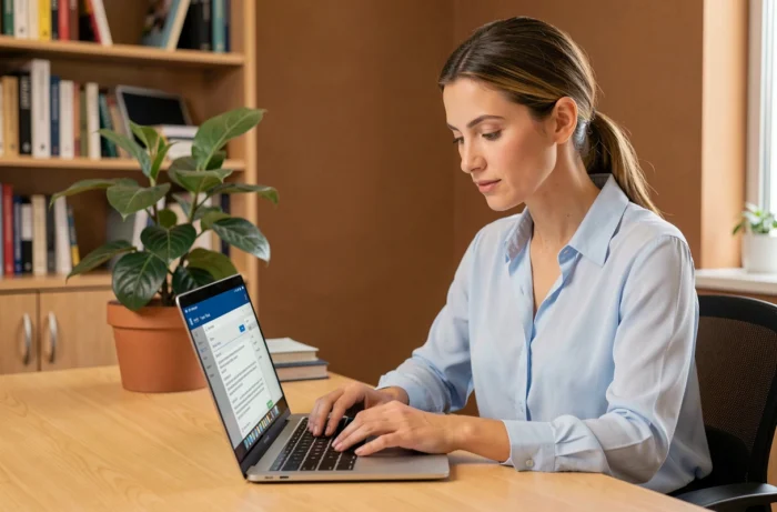 Femme professionnelle configurant son webmail sur un ordinateur portable dans un bureau moderne