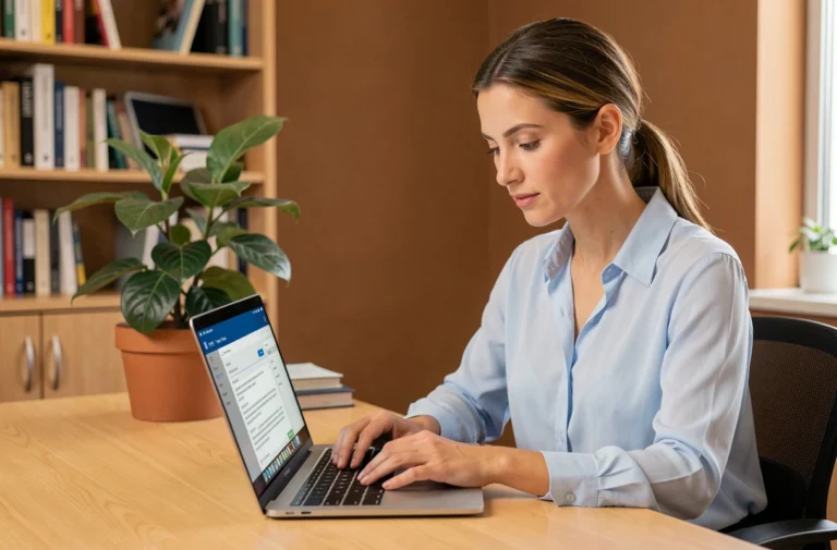 Femme professionnelle configurant son webmail sur un ordinateur portable dans un bureau moderne