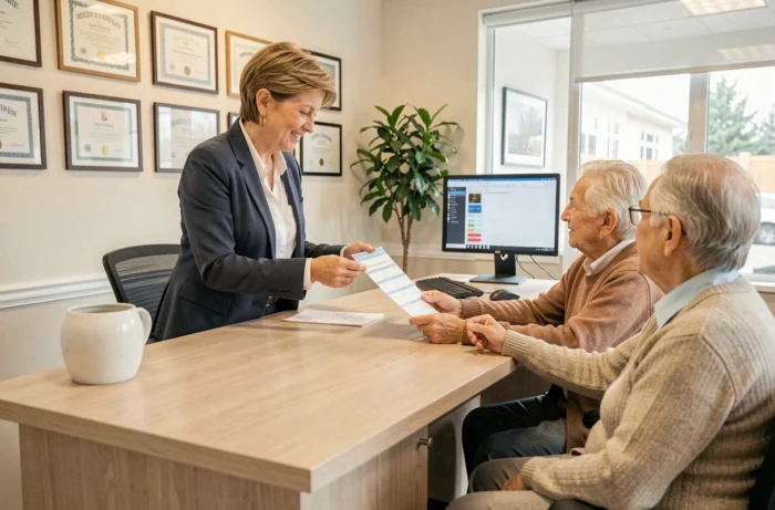 Conseillère en agence d'aide à domicile présentant les tarifs 2026 à un couple de seniors