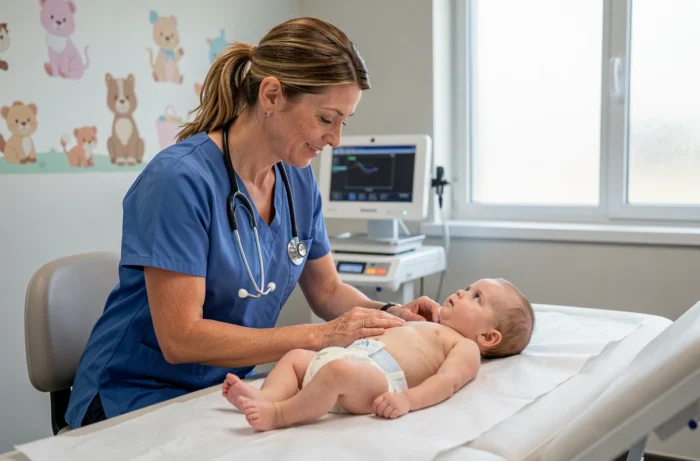 Infirmière pédiatrique réalisant un bilan de santé sur un bébé de six mois dans un cabinet médical