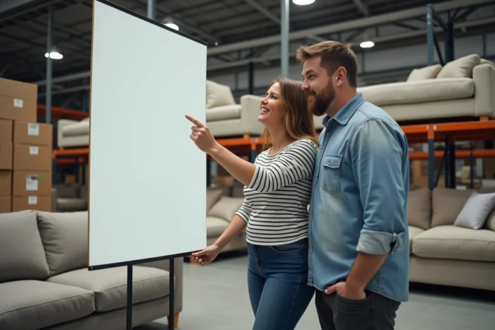Couple lisant attentivement une affiche promotionnelle dans un magasin de meubles lors des soldes Poltronesofa 2026