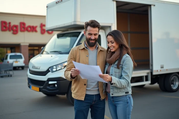 Couple consultant un contrat de location de camion dans le parking d'un magasin de meubles type Conforama