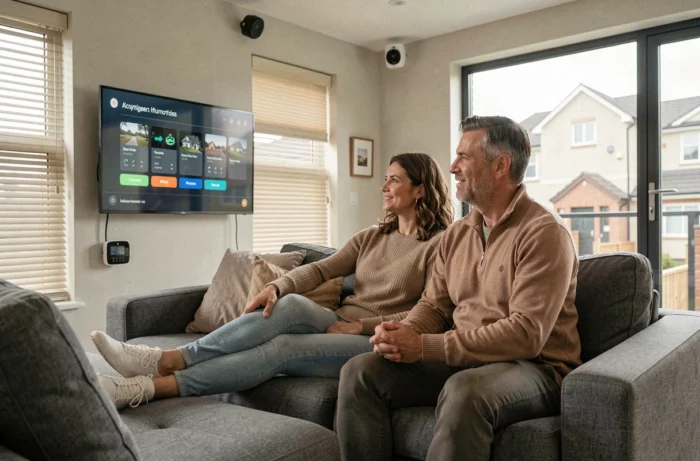 Couple utilisant un écran connecté pour contrôler leur maison intelligente dans un salon moderne