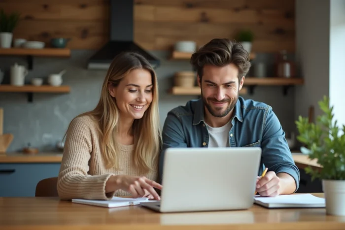 Couple consultant une offre de financement personnel en ligne depuis leur cuisine à domicile