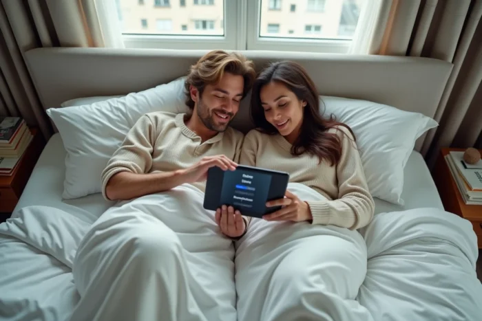 Couple allongé sur un lit consultant les options d'abonnement Netflix sur une tablette dans une chambre confortable